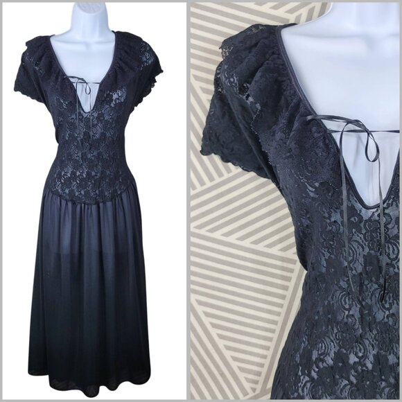 Vtg Sexy Nightgown Slip Plus 2X 3X Lingerie Dress Black Lace Long Midi Stretch - Picture 1 of 8